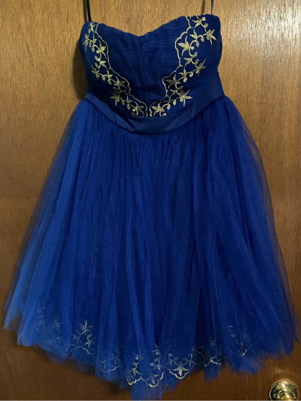 ModCloth Minuet Royal Blue and Gold Embroidered Tulle Mini Dress